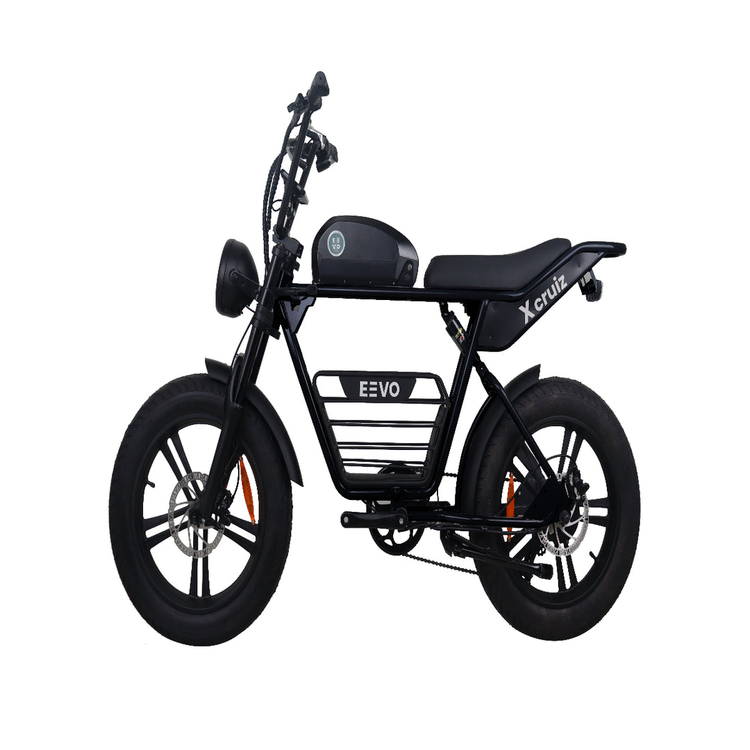 Black electric bike with 'Eevo' branding on a white background