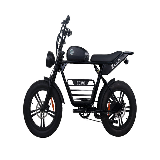 Black electric bike with 'Eevo' branding on a white background