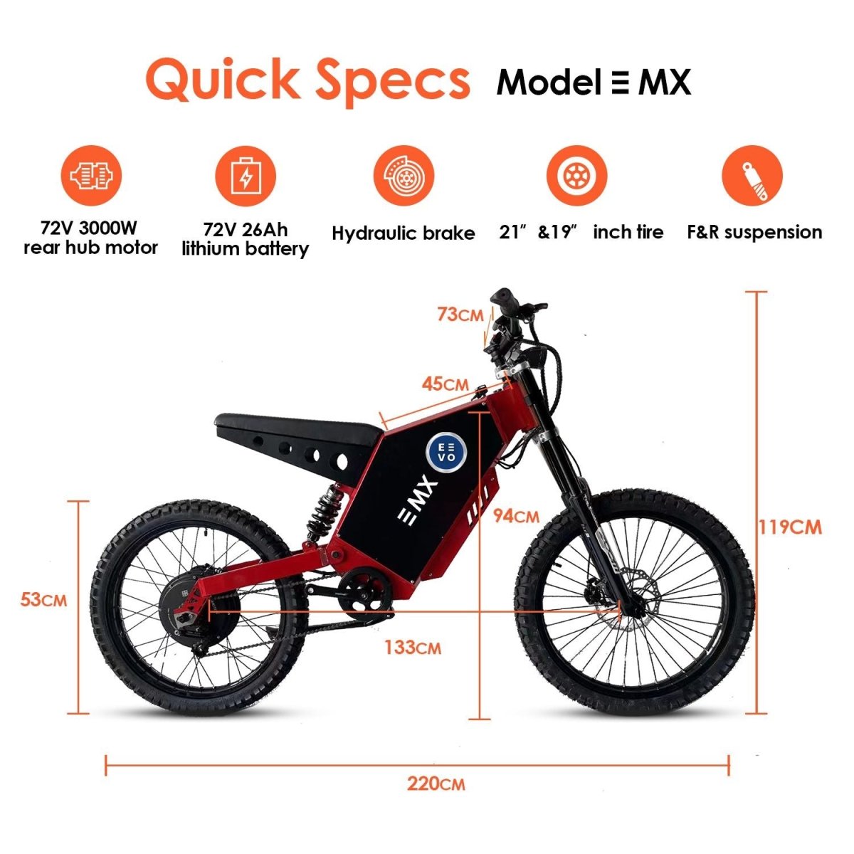 Eevo E MX Electric Bike 72V, 3000W, 26Ah lithium battery